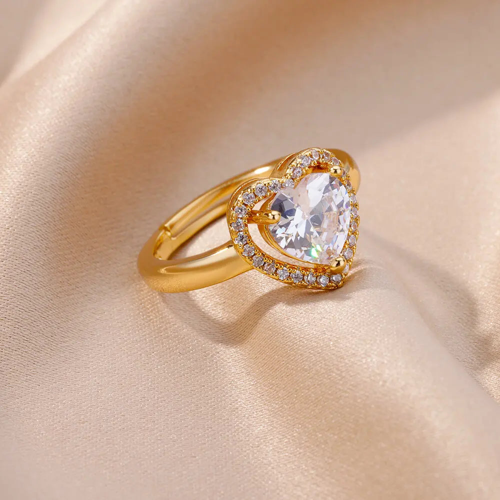 Gold Heart Zircon Adjustable Ring on a clean product background
